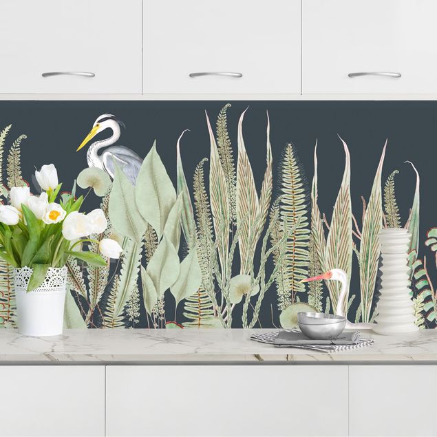 Platte Küchenrückwand Flamingo und Storch mit Pflanzen auf Grün