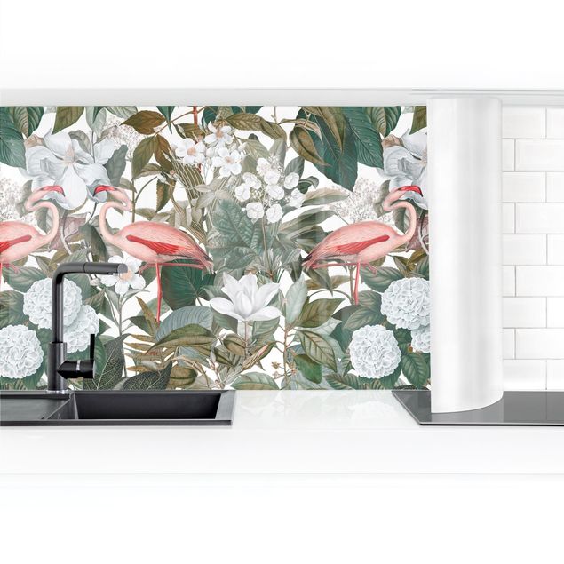 Küchenrückwand selbstklebend Rosa Flamingos mit Blättern und weißen Blumen II