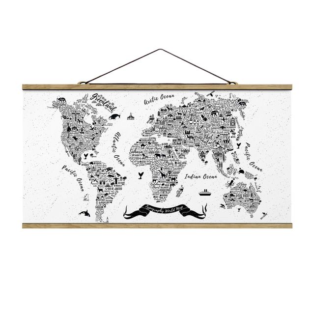 Stoffbild mit Posterleisten - Typografie Weltkarte weiß - Querformat 2:1
