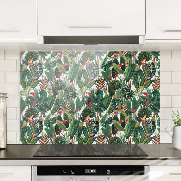 Glasrückwand Küche Blumen Bunter tropischer Regenwald Muster