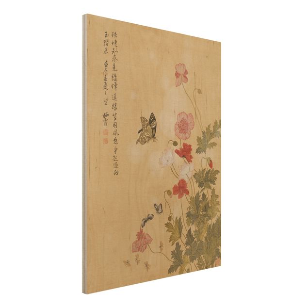 Holzbild Blumen Yuanyu Ma - Mohnblumen und Schmetterlinge