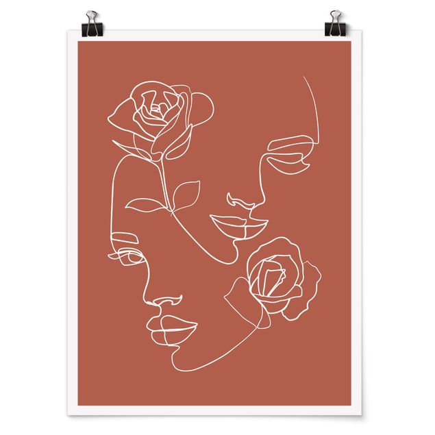 Poster - Line Art Gesichter Frauen Rosen Kupfer - Hochformat 4:3