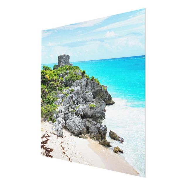 Glasbilder Blumen Karibikküste Tulum Ruinen