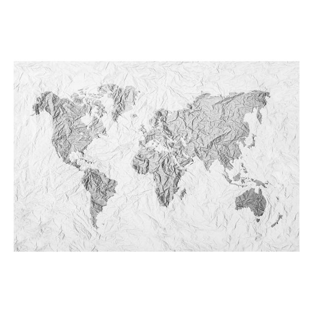 Glasbild - Papier Weltkarte Weiß Grau - Quer 3:2