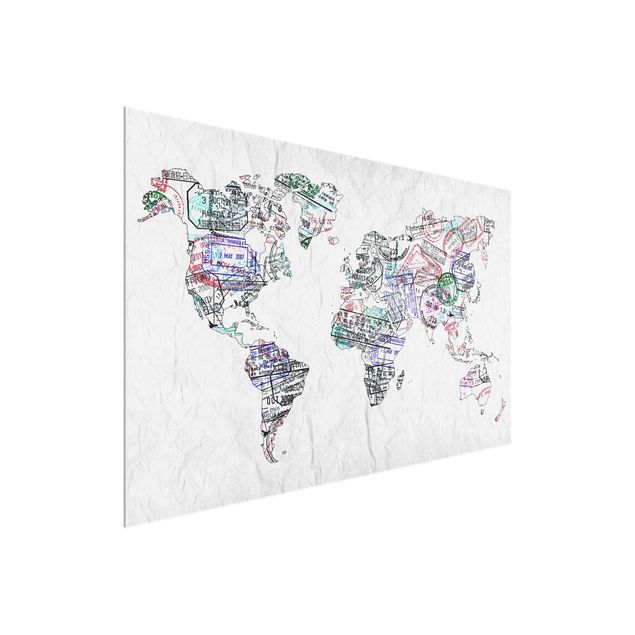 Glas Wandbilder Reisepass Stempel Weltkarte