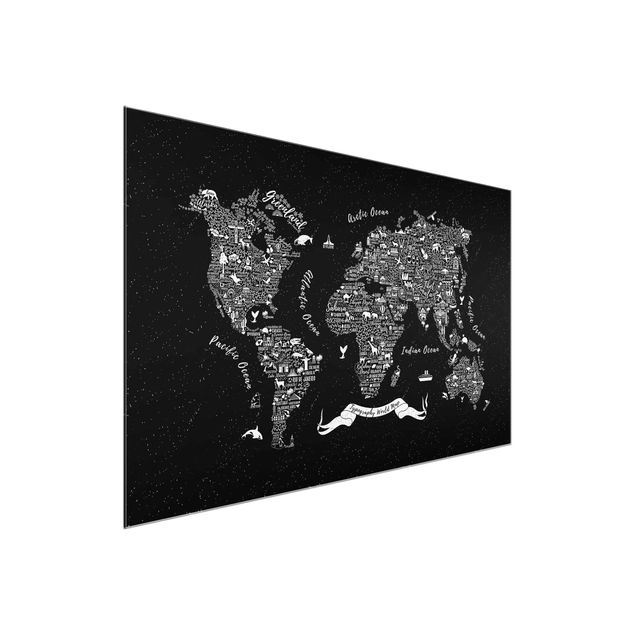 Glasbilder Typografie Weltkarte schwarz