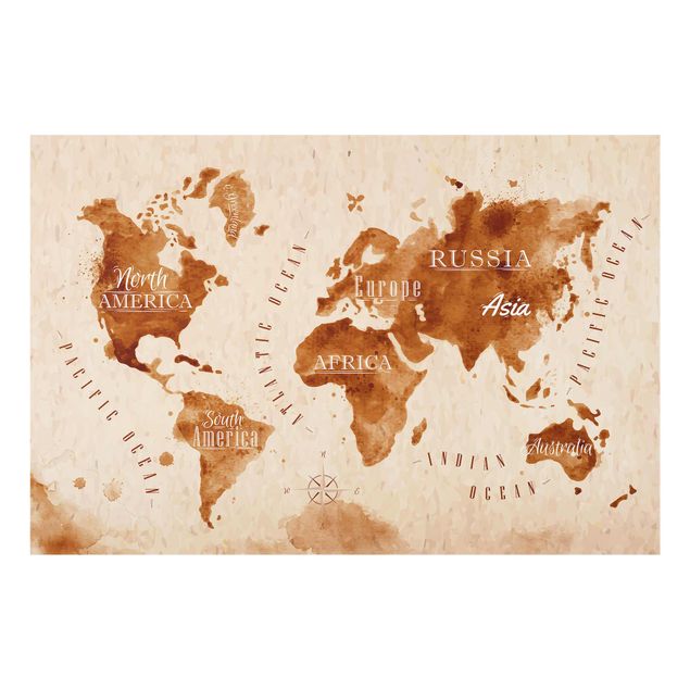 Glasbild - Weltkarte Aquarell beige braun - Quer 3:2