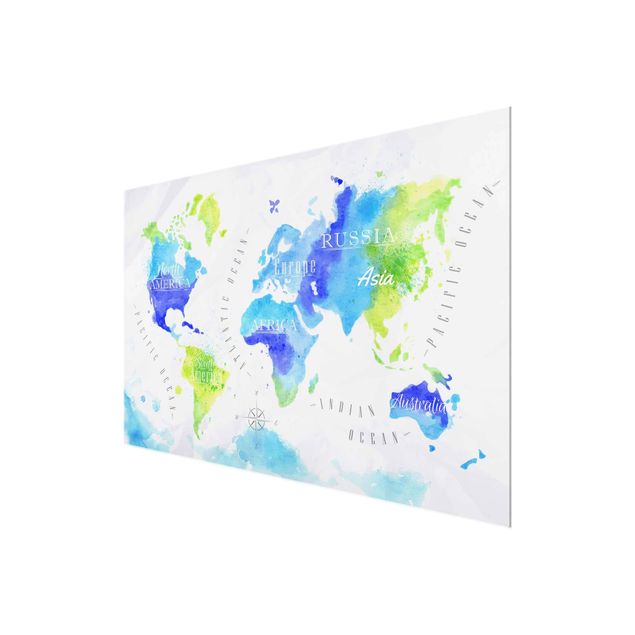 Glasbild - Weltkarte Aquarell blau grün - Quer 3:2