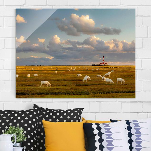 Glasbilder XXL Nordsee Leuchtturm mit Schafsherde