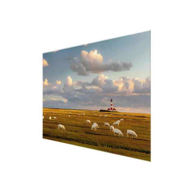 Glasbilder Nordsee Leuchtturm mit Schafsherde