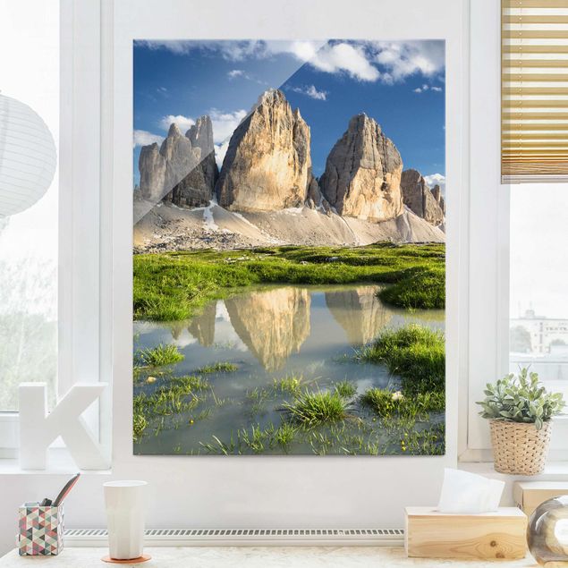 Wandbilder Glas Natur Südtiroler Zinnen und Wasserspiegelung