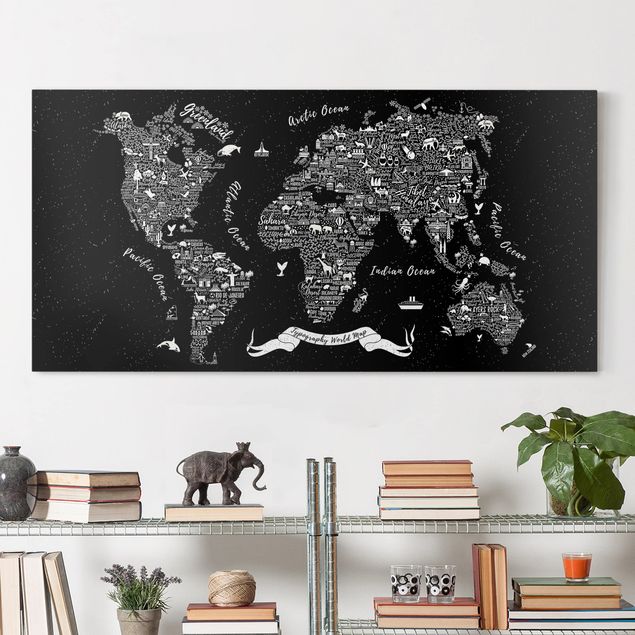 Leinwandbild Weltkarte Typografie Weltkarte schwarz