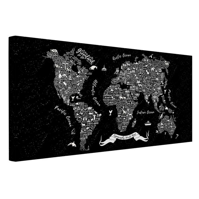 Leinwandbilder Typografie Weltkarte schwarz
