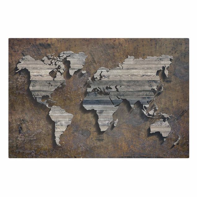 Leinwandbild - Holz Rost Weltkarte - Quer 3:2