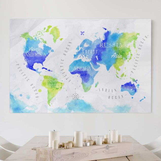 Leinwandbild - Weltkarte Aquarell blau grün - Quer 3:2