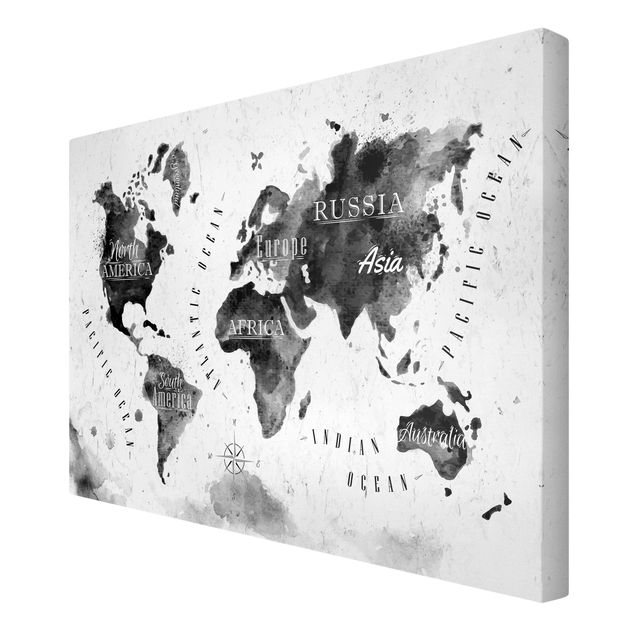 Leinwandbild - Weltkarte Aquarell schwarz - Quer 3:2