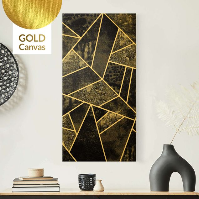 Leinwandbild Gold - Goldene Geometrie - Graue Dreiecke - Hochformat 1:2