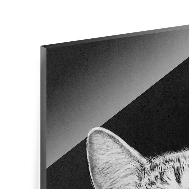Glas Wandbilder Illustration Katze Schwarz Weiß Zeichnung