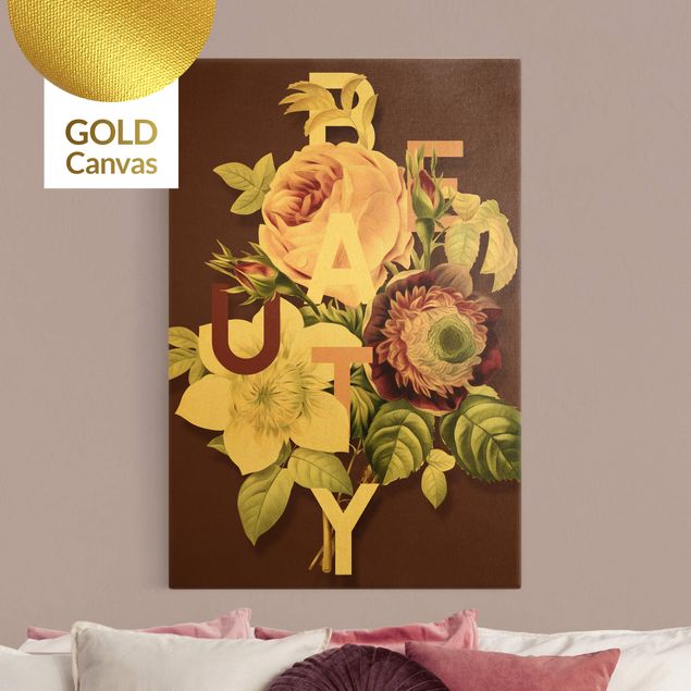 Leinwandbild Gold - Florale Typografie - Beauty - Hochformat 2:3