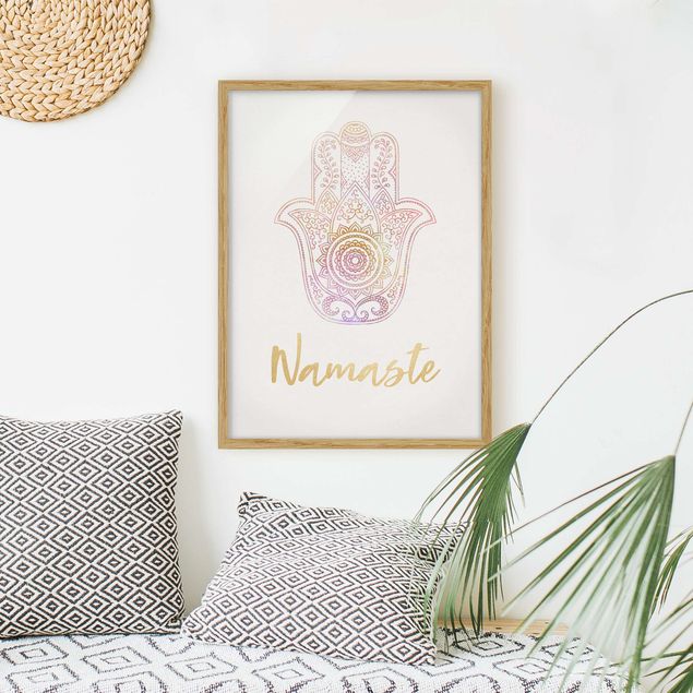 Moderne Bilder mit Rahmen Hamsa Hand Illustration Namaste gold rosa