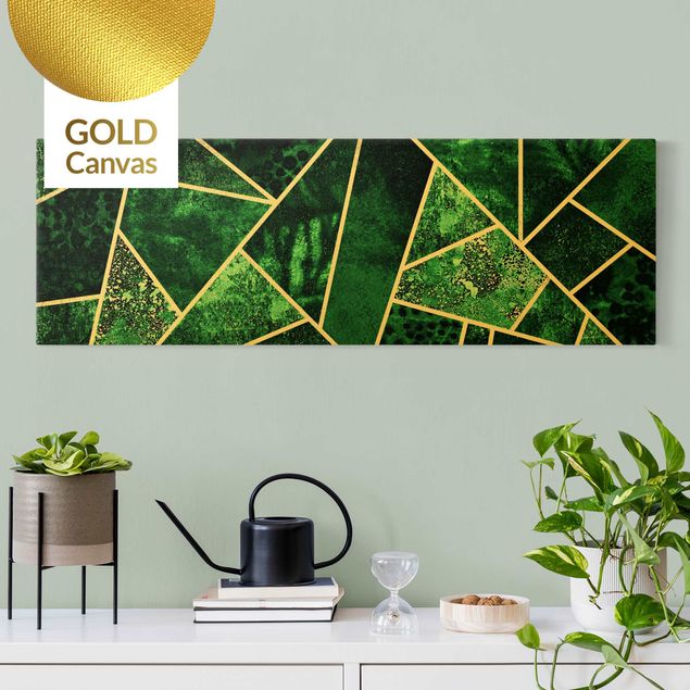Leinwandbild Gold - Elisabeth Fredriksson - Goldene Geometrie - Dunkler Smaragd - Panorama Quer
