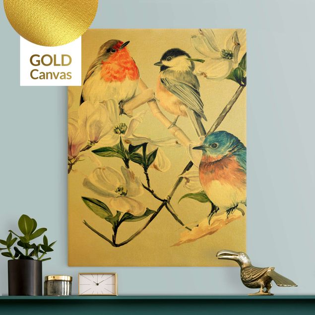 Leinwandbild Gold - Bunte Vögel auf einem Magnolienast I - Hochformat 3:4