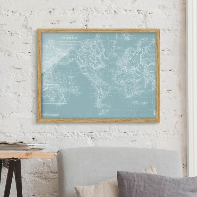 Moderne Bilder mit Rahmen Weltkarte in Eisblau