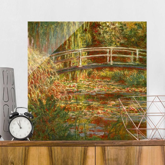 Glasbild - Claude Monet - Seerosenteich und japanische Brücke (Harmonie in rosa) - Quadrat 1:1