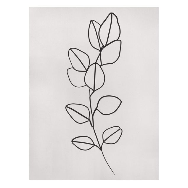 Leinwandbild - Line Art Zweig Blätter Schwarz Weiß - Hochformat 4:3