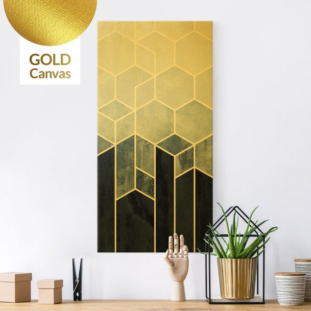 Leinwandbild Gold - Elisabeth Fredriksson - Goldene Geometrie - Sechsecke Blau Weiß - Hochformat 2:1