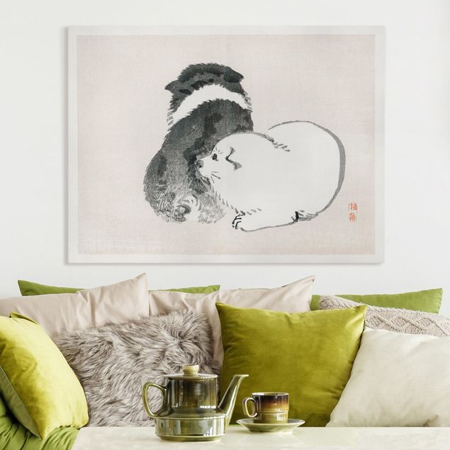 Leinwand Katze Asiatische Vintage Zeichnung Schwarze und weiße Hündchen