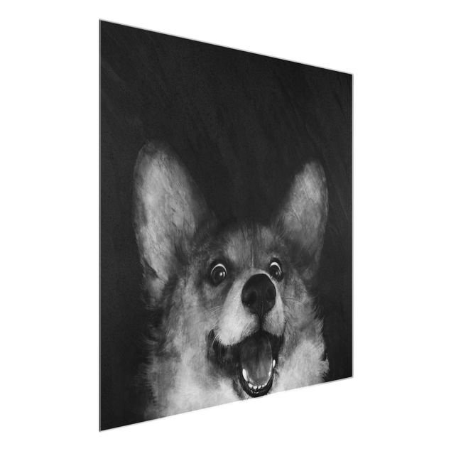 Glasbilder Tiere Illustration Hund Corgi Malerei Schwarz Weiß