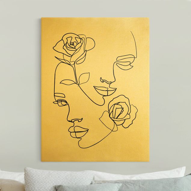 Leinwandbild Gold - Line Art Gesichter Frauen Rosen Schwarz Weiß - Hochformat 4:3
