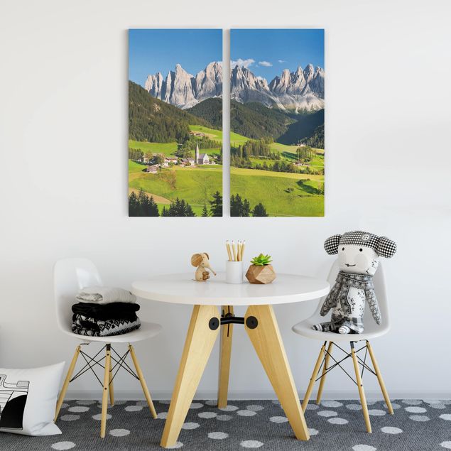 Leinwandbild Wald Geislerspitzen in Südtirol