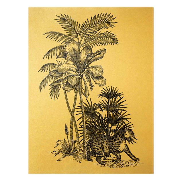 Leinwandbild Gold - Vintage Illustration - Tiger und Palmen - Hochformat 4:3