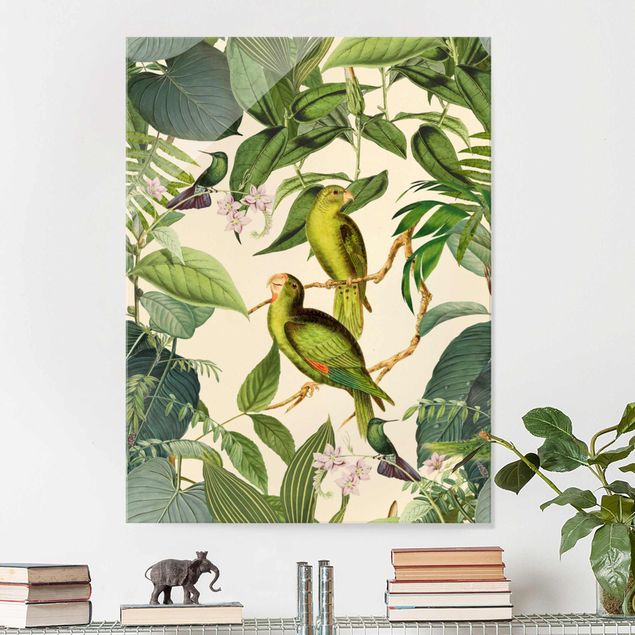 Glasbilder XXL Vintage Collage - Papageien im Dschungel
