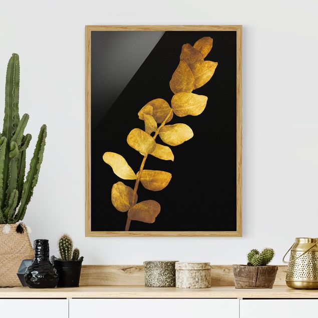 Moderne Bilder mit Rahmen Gold - Eukalyptus auf Schwarz
