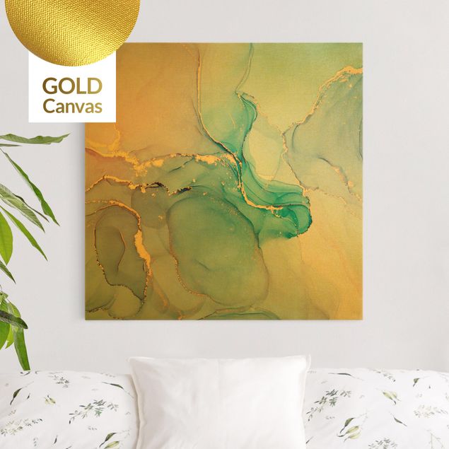 Leinwandbild Gold - Aquarell Pastell Türkis mit Gold - Quadrat 1:1