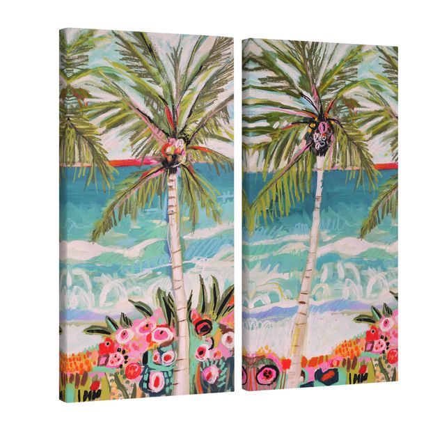 Leinwandbilder Palme mit pinken Blumen Set I