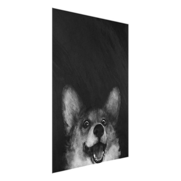 Glasbilder Tiere Illustration Hund Corgi Malerei Schwarz Weiß