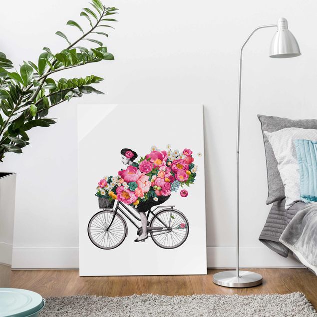 Glasbild - Illustration Frau auf Fahrrad Collage bunte Blumen - Hochformat 4:3
