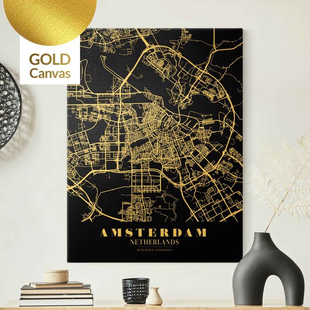 Weltkarte Leinwandbild Stadtplan Amsterdam - Klassik Schwarz
