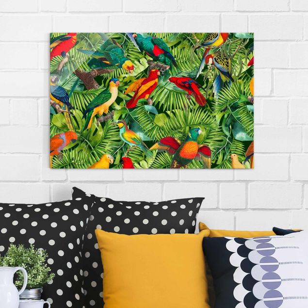 Glasbilder XXL Bunte Collage - Papageien im Dschungel