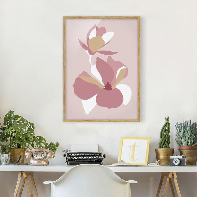 Moderne Bilder mit Rahmen Line Art Blüten Pastell Rosa
