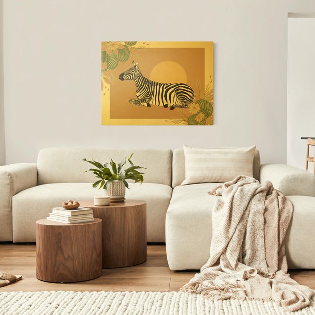 Leinwandbild Gold - Safari Tiere - Zebra im Sonnenuntergang - Querformat 3:4