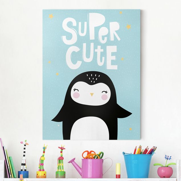 Leinwand mit Spruch Super Cute Pinguin