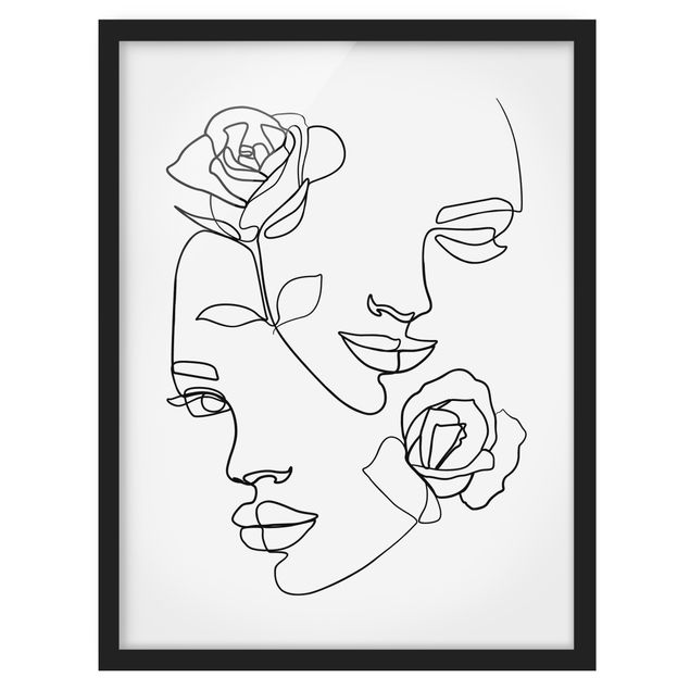 Bild mit Rahmen - Line Art Gesichter Frauen Rosen Schwarz Weiß - Hochformat 4:3