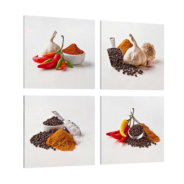 Leinwandbild 4-teilig - Chili Knoblauch und Gewürz - Sets