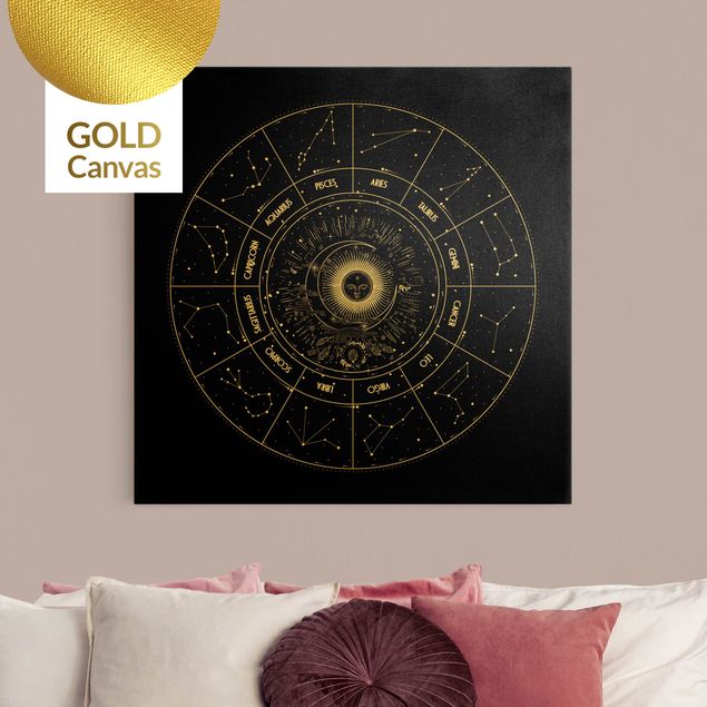 Leinwandbild Gold - Astrologie Die 12 Sternzeichen Schwarz - Quadrat