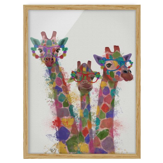 gerahmte Bilder Regenbogen Splash Giraffen-Trio